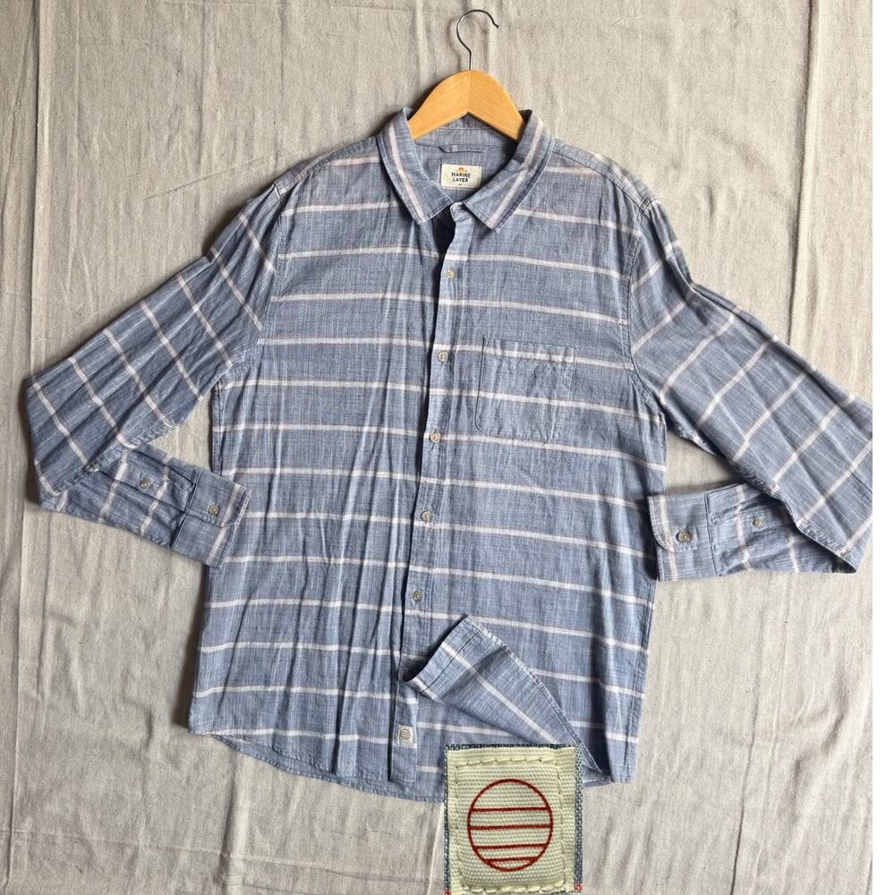 Marine Layer Shirt Men's M/L Blue Button Up Lightweight Cotton Stripes Casual